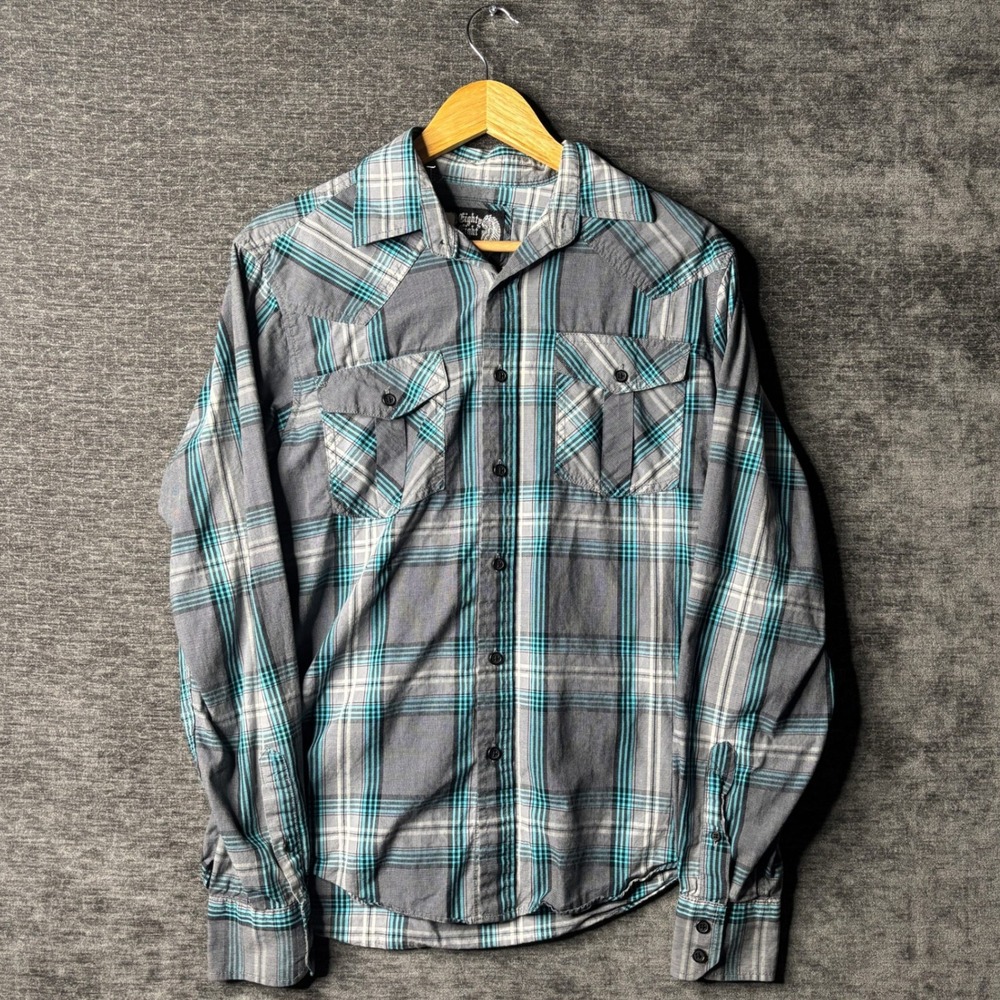 Vintage Eighty Eight Y2K Mens Small Grey Teal Plaid Long Sleeve Button Up Shirt